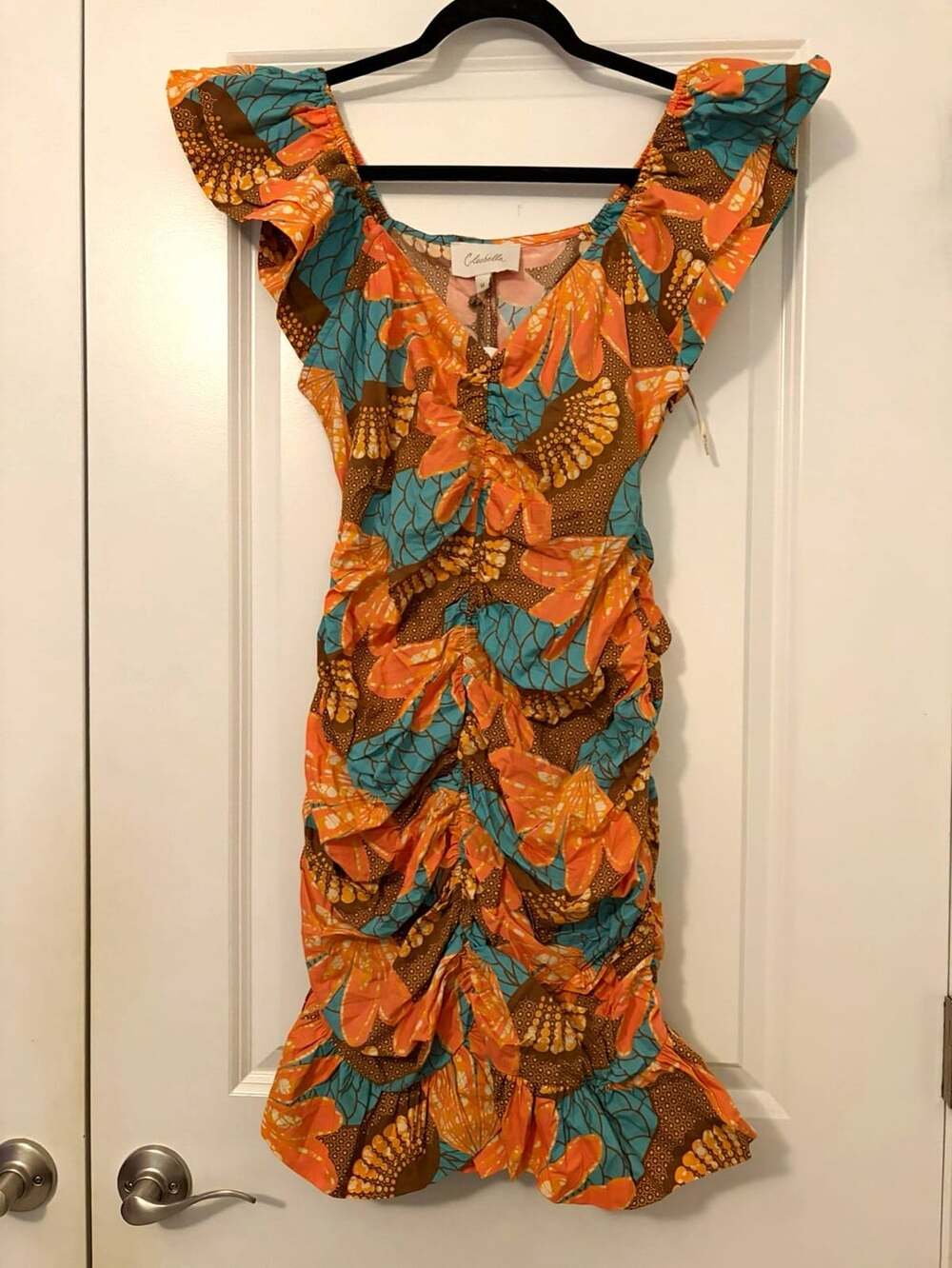 Cleobella Women’s Floral V-Neck Flutter Sleeve Ruched Ruffle Dress M Knee